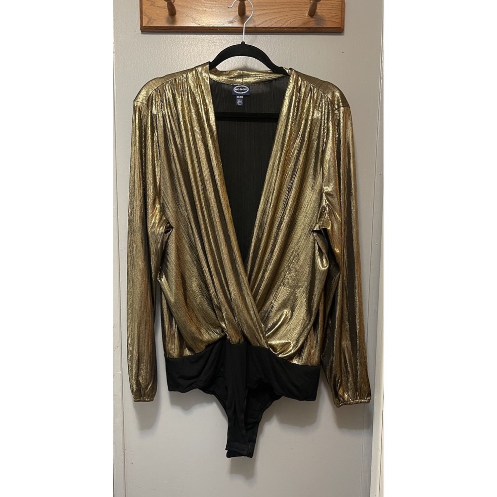 Scoop Gold Metallic Long Sleeve Bodysuit Size 2 XL Dressy Classy Sexy
